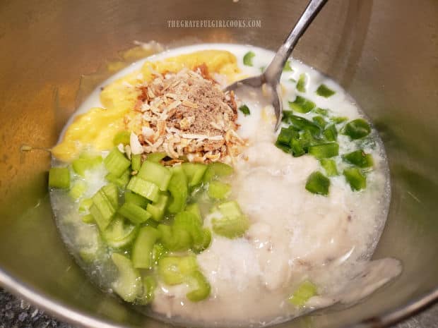 Ingredients for the yum yum chicken sauce are combined in a small bowl.