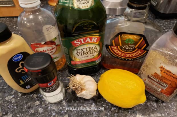 The ingredients are gathered to make apple cider vinaigrette.