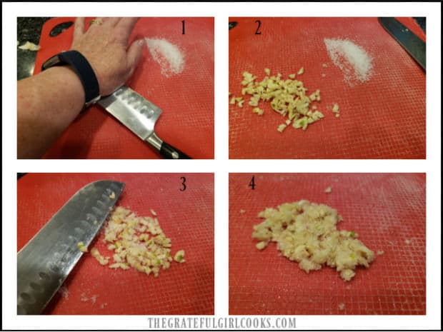 Making garlic paste involves smashing chopped garlic cloves with coarse salt using flat side of a knife.