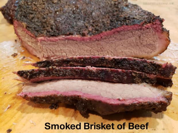 Enjoy smoked brisket of beef, cooked on a smoker grill. Cut the brisket in slices to serve, or shred and add BBQ sauce for a great sandwich!