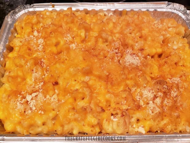 Smoked macaroni and cheese, straight from the Traeger grill, hot and ready to serve.