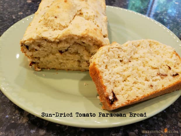 Make a loaf of Italian-inspired Sun-Dried Tomato Parmesan Bread. Easy to make, 10 minutes prep and into the oven it goes for 30 minutes! 