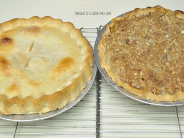 Classic peach pie on the left, and Dutch Crumb Peach Pie on the right.