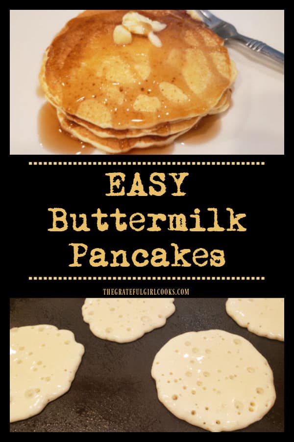 Make a batch of delicious, EASY Buttermilk Pancakes from scratch in under 10 minutes! Mix the batter, and onto a griddle or skillet they go!