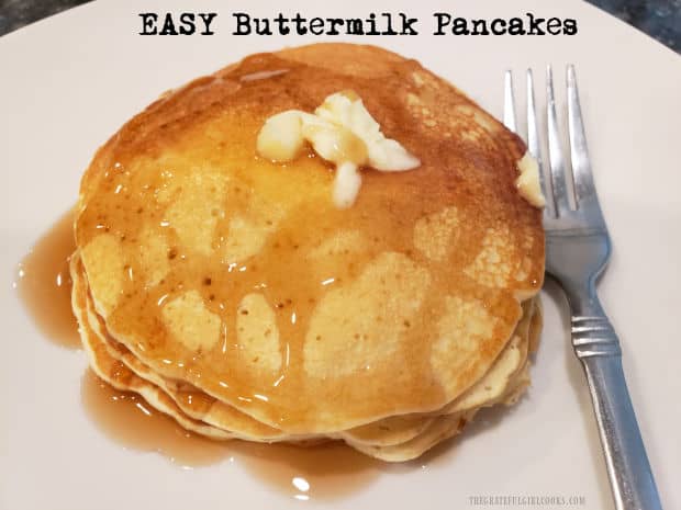 Make a batch of delicious, EASY Buttermilk Pancakes from scratch in under 10 minutes! Mix the batter, and onto a griddle or skillet they go!
