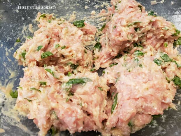 After combining the ingredients, the ground chicken mixture is ready to form meatballs.