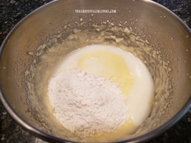 Buttermilk , flour, baking soda, and baking powder are stirred into the batter for the mini-loaf pound cake.