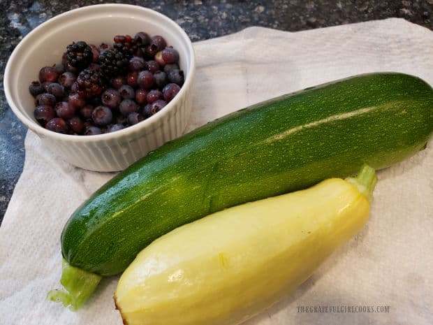 Freshly picked zucchini and yellow squash from our garden, to be used for this recipe.