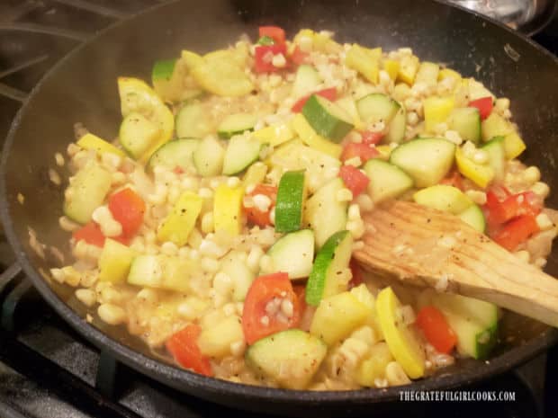 When done cooking, the veggies in the TexMex Zucchini Squash Skillet should be fork tender.
