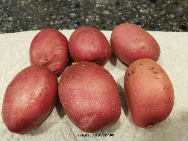 Six cleaned/scrubbed medium red potatoes are used for this recipe.