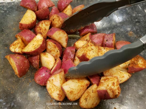 Air Fryer Cajun Spuds are now seasoned, and are ready for the air fryer or oven.