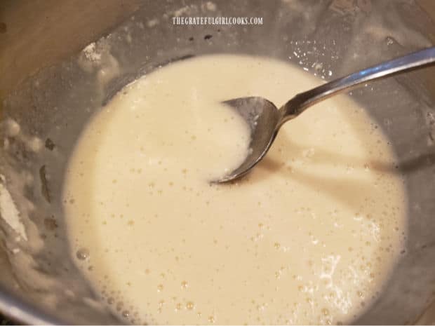 Mixing the batter for the mini peach cobbler skillets is easy!