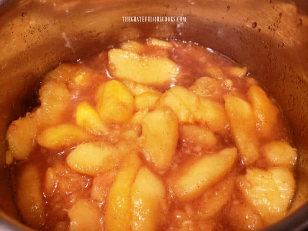 Sliced peaches and other ingredients are brought to a boil in a saucepan.