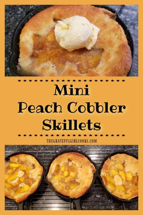 Enjoy the taste of summer with these cute, yummy 6" mini peach cobbler skillets a la mode! Recipe makes makes 6 servings (2 per skillet).