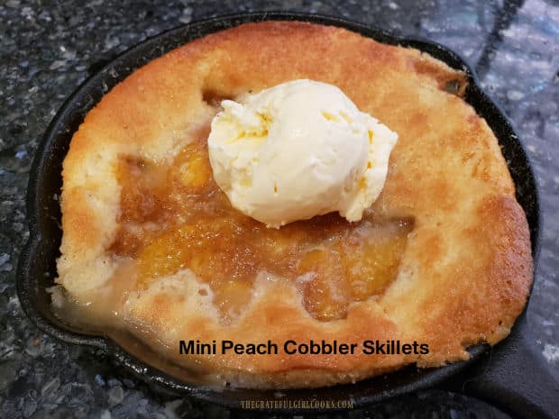 Enjoy the taste of summer with these cute, yummy 6" mini peach cobbler skillets a la mode! Recipe makes makes 6 servings (2 per skillet).