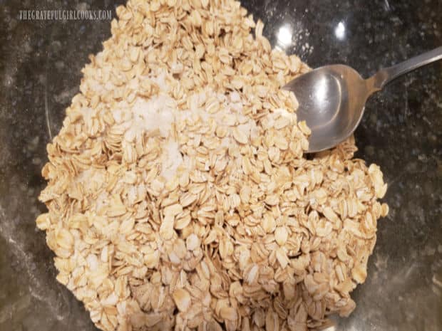 Oats, sugar, baking powder and salt are combined in a mixing bowl.
