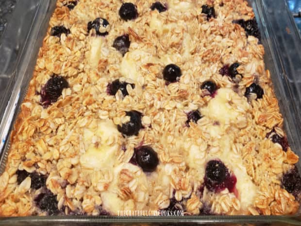 Blueberry Banana Baked Oatmeal is golden brown on top, once taken out of the oven.