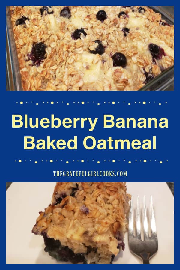 Blueberry Banana Baked Oatmeal is a cinch to make, and is full of juicy blueberries and banana slices! It's an easy, yummy breakfast!