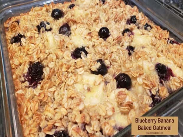 Blueberry Banana Baked Oatmeal is a cinch to make, and is full of juicy blueberries and banana slices! It's an easy, yummy breakfast!