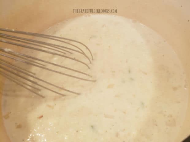 Chowder is cooked until it thickens, after adding broth/flour mixture.