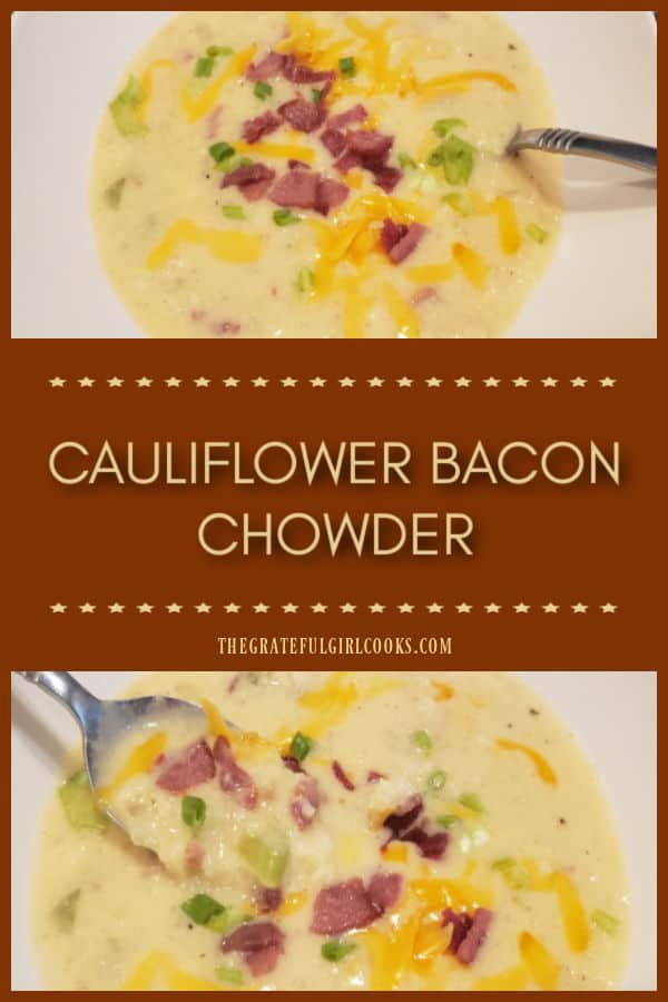 Cauliflower Bacon Chowder is a thick, hearty soup with shredded cauliflower, turkey bacon, cheese, onions and celery. It's really delicious!