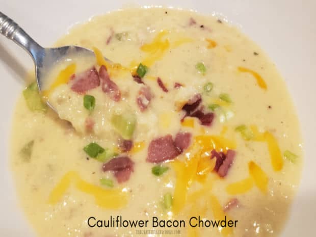 Cauliflower Bacon Chowder is a thick, hearty soup with shredded cauliflower, turkey bacon, cheese, onions and celery. It's really delicious!