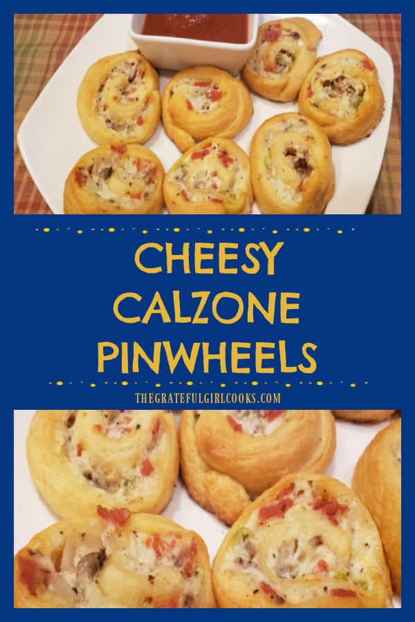 Cheesy Calzone Pinwheels are yummy crescent roll appetizers, with pepperoni, bell pepper, mushrooms, and 3 cheeses, served with marinara sauce.