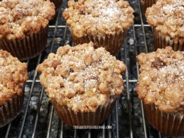 Pumpkin Pecan Streusel Muffins, cooling on a wire rack after baking.