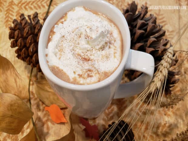 Pumpkin Spice Coconut Milk Latte, topped with whipped cream and pumpkin spice sprinkles.