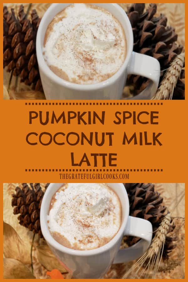 Enjoy a tasty pumpkin spice coconut milk latte any time! Using canned coconut milk, this latte can be dairy-free, w/out whipped cream topping.