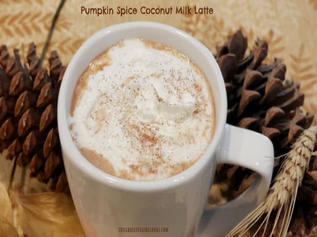 Enjoy a tasty pumpkin spice coconut milk latte any time! Using canned coconut milk, this latte can be dairy-free, w/out whipped cream topping.