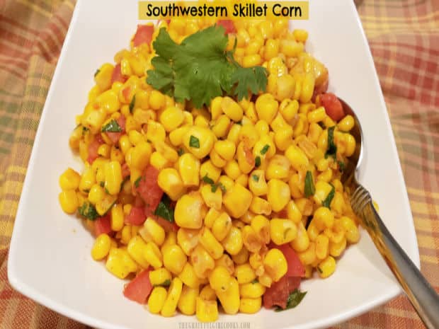 Southwestern Skillet Corn is a healthy, easy side dish, flavored with Tex-Mex seasonings, lime juice, cilantro and tomato. It's delicious!
