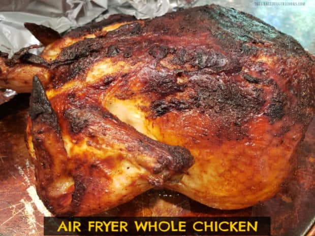 Use your air fryer to make an Air Fryer Whole Chicken in about 1 hour! The crispy, well-seasoned and browned chicken tastes delicious!