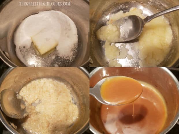 Collage showing making caramel sauce with butter, granulated sugar and whipping cream.