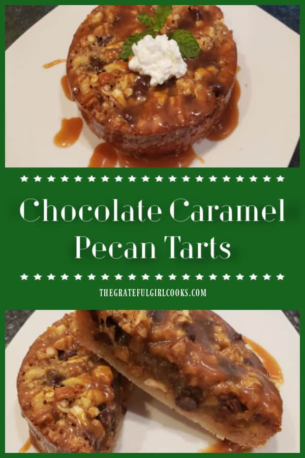 Chocolate Caramel Pecan Tarts are mini (4") decadent desserts, drizzled with homemade caramel topping (2-3 servings per tart). SO GOOD! 