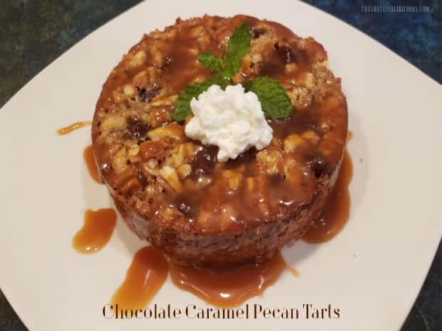 Chocolate Caramel Pecan Tarts are mini (4") decadent desserts, drizzled with homemade caramel topping (2-3 servings per tart). SO GOOD! 