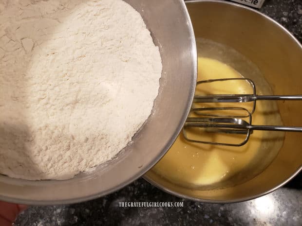 Dry ingredients are added to the bowl of wet ingredients and combined.