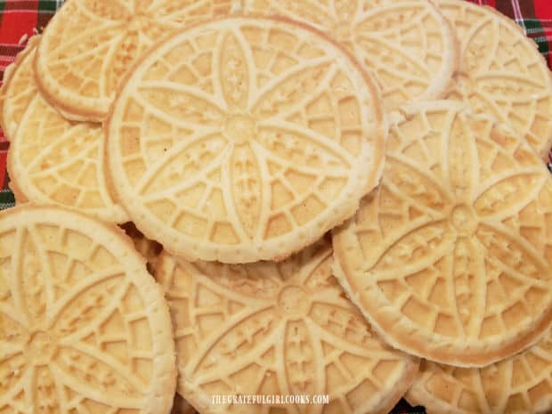 Beautiful designs are imprinted on both sides of classic pizzelle cookies.