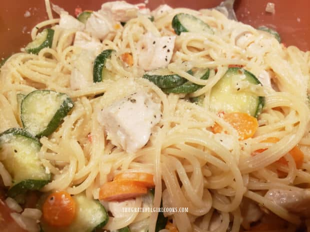 After ingredients are combined and cheese melts, creamy chicken primavera is ready.