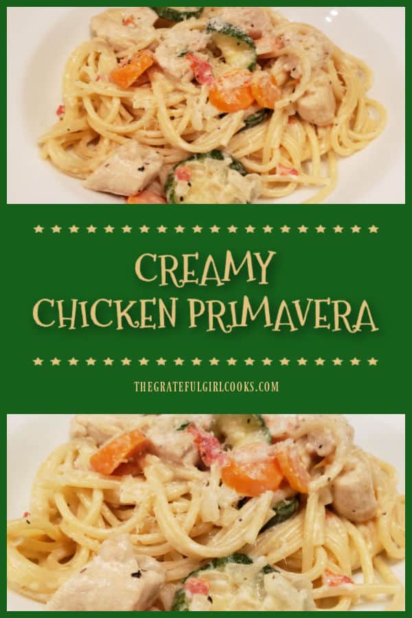 Creamy Chicken Primavera is an all in one dish, with chicken breasts, pasta, zucchini, carrots and onions in a velvety Parmesan cheese sauce. 