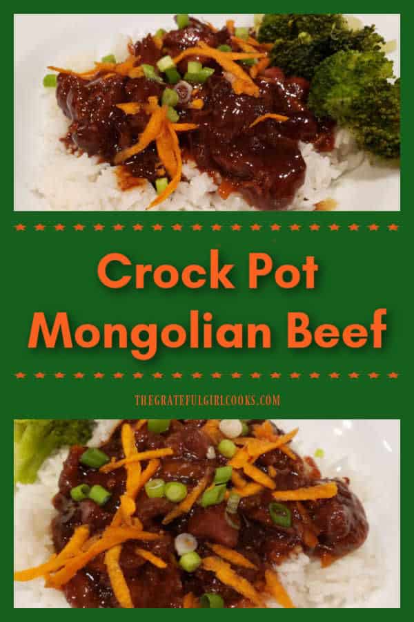 Crock Pot Mongolian Beef is a delicious, easy meal you'll love! Strips of beef are cooked in Asian sauce until tender, then served on rice!
