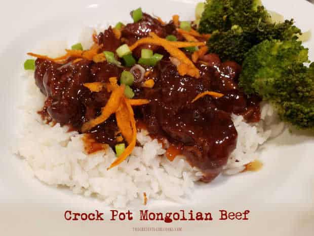 Crock Pot Mongolian Beef is a delicious, easy meal you'll love! Strips of beef are cooked in Asian sauce until tender, then served on rice!