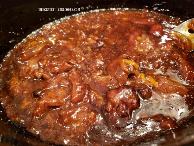 When done cooking, Crock Pot Mongolian Beef will be tender and coated in a thick sauce.