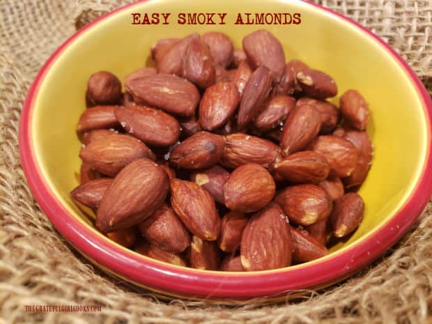 Need a simple, delicious appetizer, snack or food gift? Make a batch of Easy Smoky Almonds, covered in sauce, and roasted to perfection!