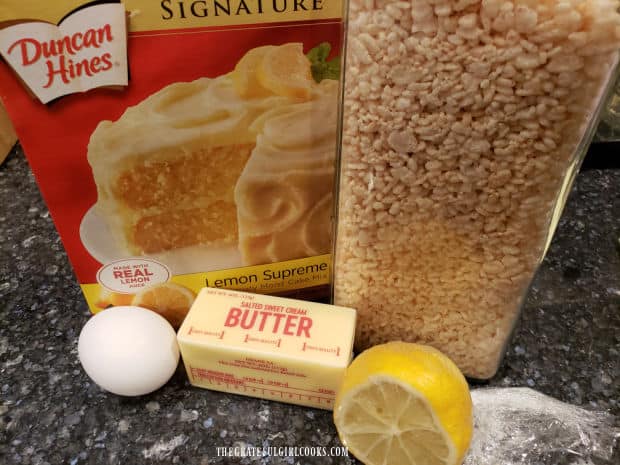 Five ingredients are gathered to make lemon krispie cookies.