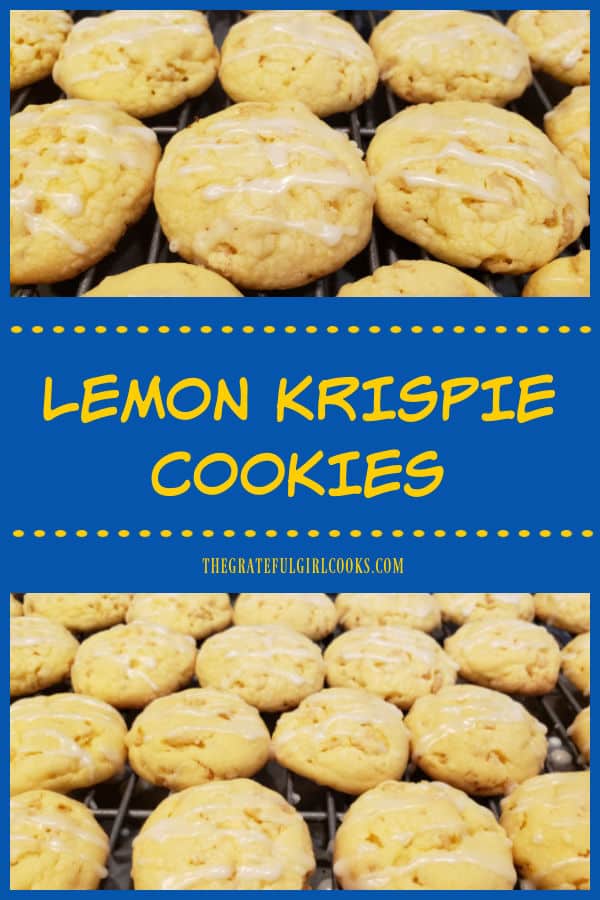 Make 4 dozen yummy Lemon Krispie Cookies, drizzled with lemon glaze on top! This easy to make recipe uses boxed lemon cake mix as a shortcut!