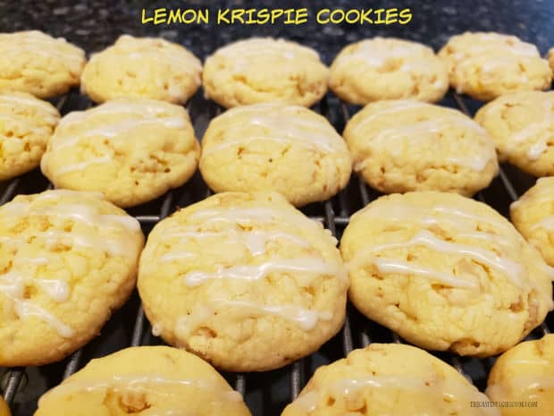 Make 4 dozen yummy Lemon Krispie Cookies, drizzled with lemon glaze on top! This easy to make recipe uses boxed lemon cake mix as a shortcut!