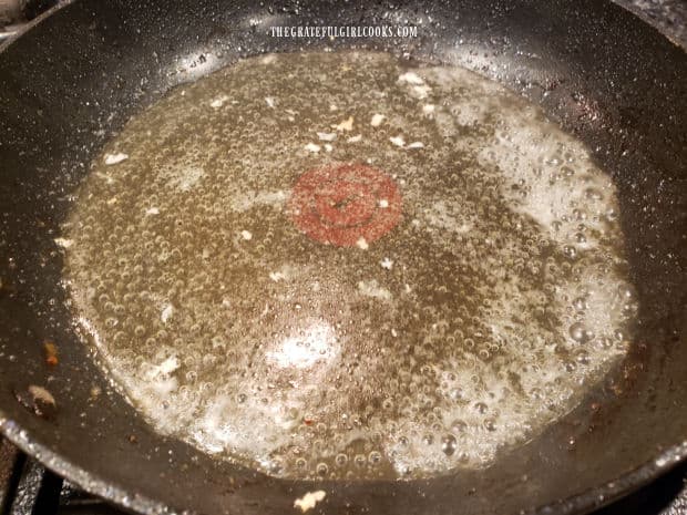 Water is added to skillet to help deglaze the pan after browning chicken.