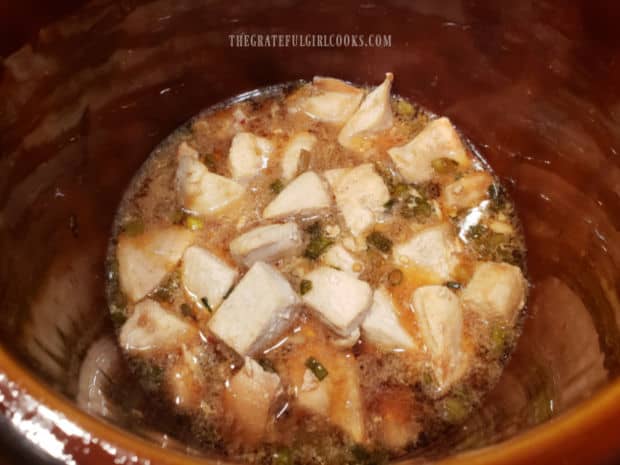 Mexican shredded chicken is cooked in a crock pot for several hours.