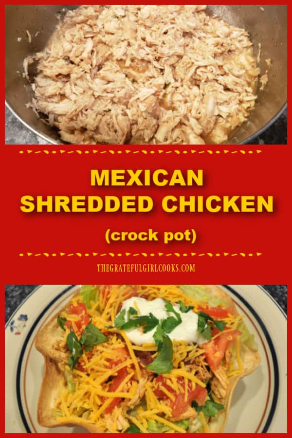 Make Mexican Shredded Chicken in a crock pot to use in tacos, burritos, quesadillas, taco salads, enchiladas, etc. Easy to make and delicious!